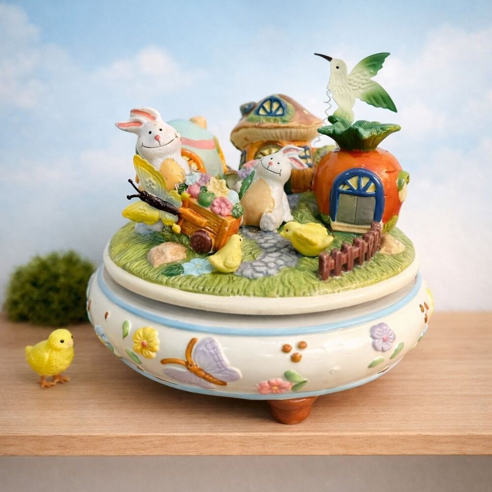 Easter Bunny Village Rotating Music Box VTG Mushroom House Spring Cottage Decor
